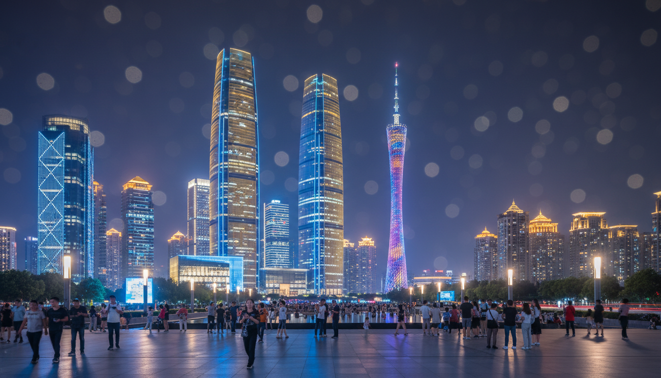 Vista de Guangzhou à noite com rio, torres e barcos iluminados